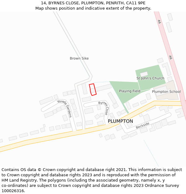 14, BYRNES CLOSE, PLUMPTON, PENRITH, CA11 9PE: Location map and indicative extent of plot