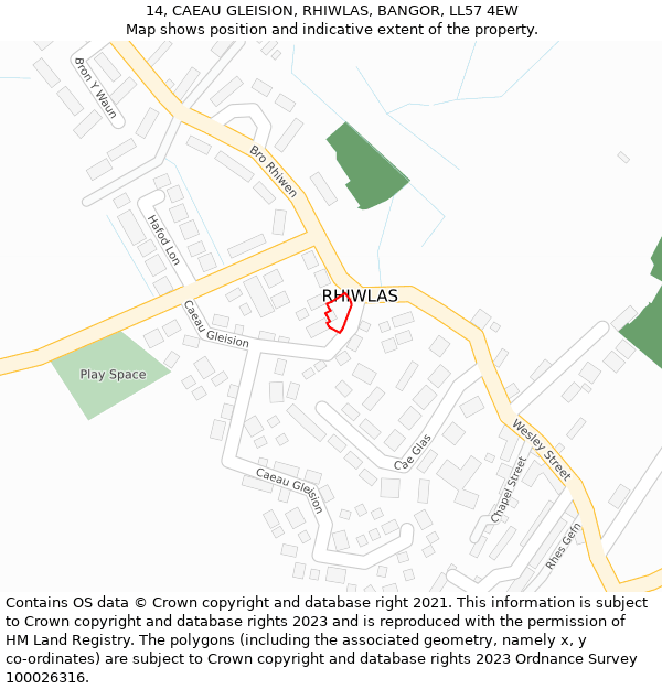 14, CAEAU GLEISION, RHIWLAS, BANGOR, LL57 4EW: Location map and indicative extent of plot