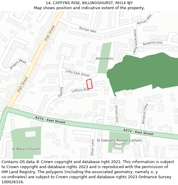 14, CAFFYNS RISE, BILLINGSHURST, RH14 9JY: Location map and indicative extent of plot