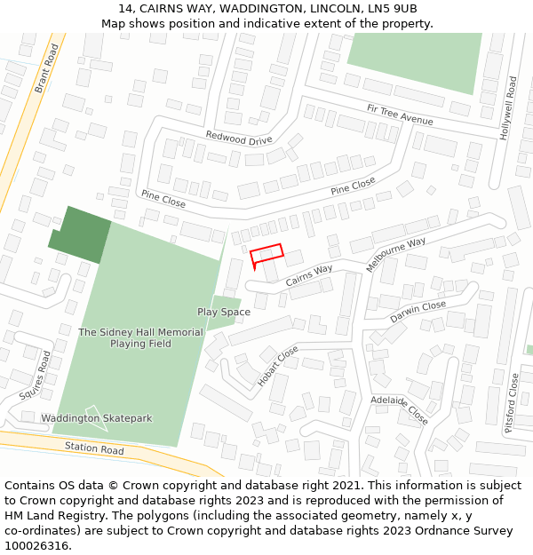 14, CAIRNS WAY, WADDINGTON, LINCOLN, LN5 9UB: Location map and indicative extent of plot