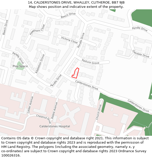 14, CALDERSTONES DRIVE, WHALLEY, CLITHEROE, BB7 9JB: Location map and indicative extent of plot