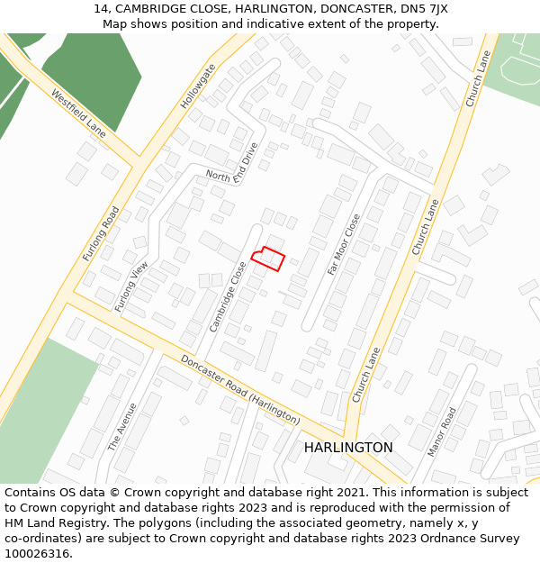 14, CAMBRIDGE CLOSE, HARLINGTON, DONCASTER, DN5 7JX: Location map and indicative extent of plot