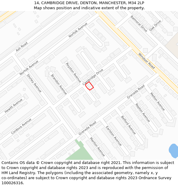 14, CAMBRIDGE DRIVE, DENTON, MANCHESTER, M34 2LP: Location map and indicative extent of plot