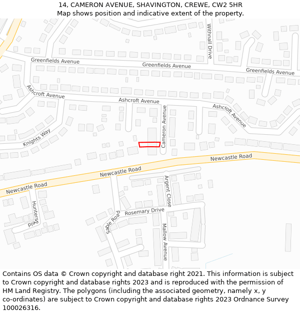 14, CAMERON AVENUE, SHAVINGTON, CREWE, CW2 5HR: Location map and indicative extent of plot