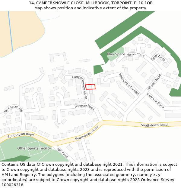 14, CAMPERKNOWLE CLOSE, MILLBROOK, TORPOINT, PL10 1QB: Location map and indicative extent of plot