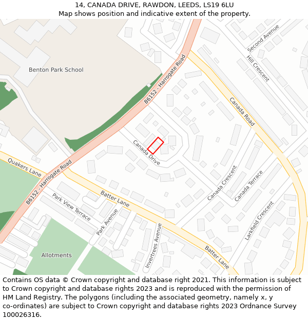 14, CANADA DRIVE, RAWDON, LEEDS, LS19 6LU: Location map and indicative extent of plot