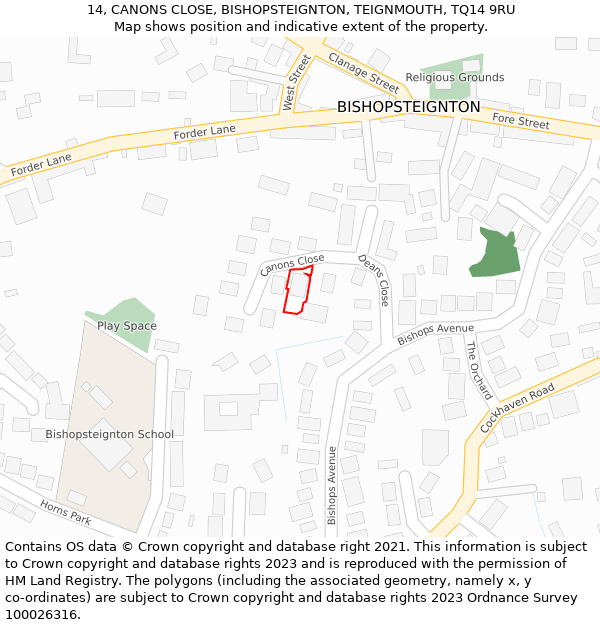 14, CANONS CLOSE, BISHOPSTEIGNTON, TEIGNMOUTH, TQ14 9RU: Location map and indicative extent of plot