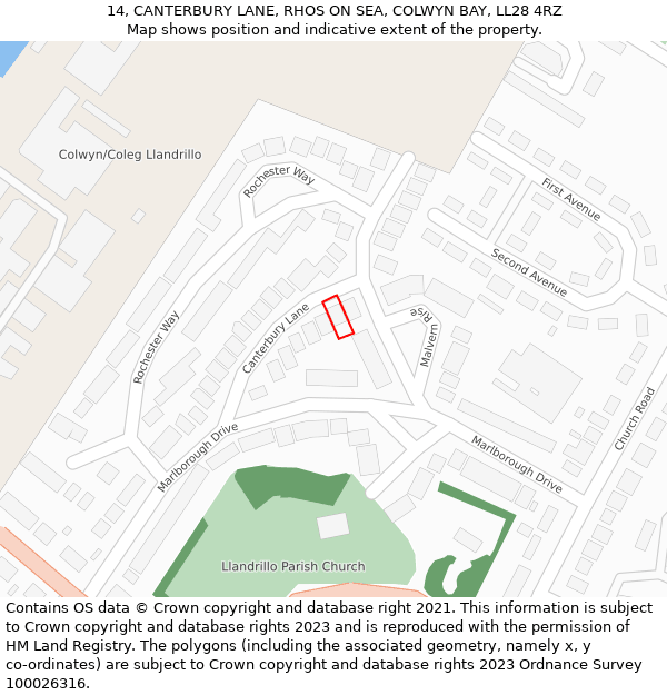 14, CANTERBURY LANE, RHOS ON SEA, COLWYN BAY, LL28 4RZ: Location map and indicative extent of plot