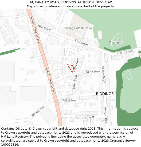 14, CANTLEY ROAD, RIDDINGS, ALFRETON, DE55 4DW: Location map and indicative extent of plot