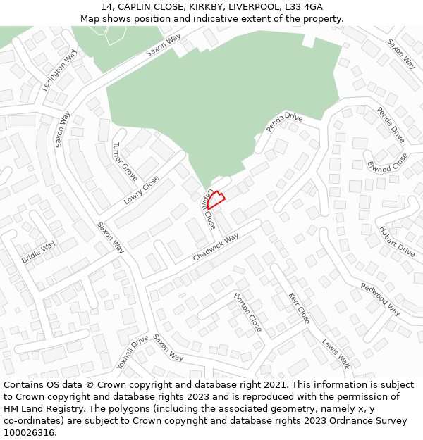 14, CAPLIN CLOSE, KIRKBY, LIVERPOOL, L33 4GA: Location map and indicative extent of plot