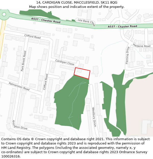 14, CARDIGAN CLOSE, MACCLESFIELD, SK11 8QG: Location map and indicative extent of plot