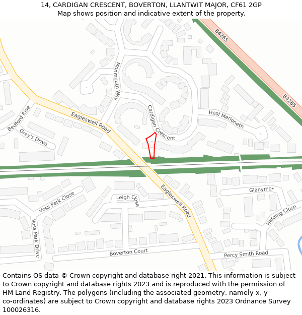 14, CARDIGAN CRESCENT, BOVERTON, LLANTWIT MAJOR, CF61 2GP: Location map and indicative extent of plot