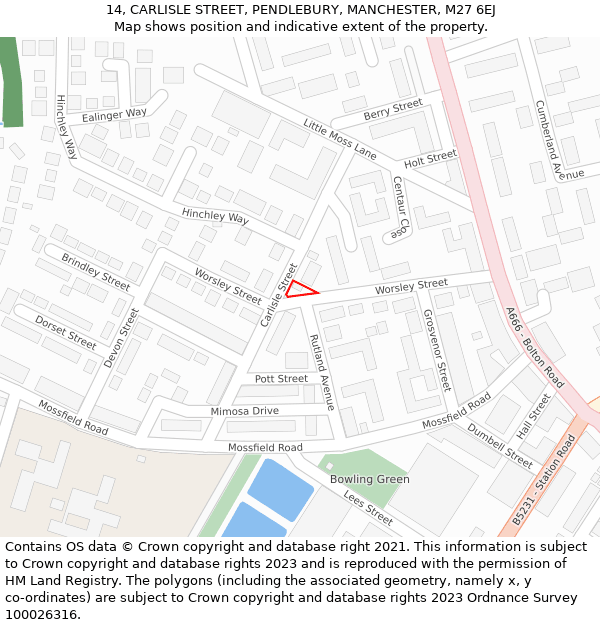 14, CARLISLE STREET, PENDLEBURY, MANCHESTER, M27 6EJ: Location map and indicative extent of plot