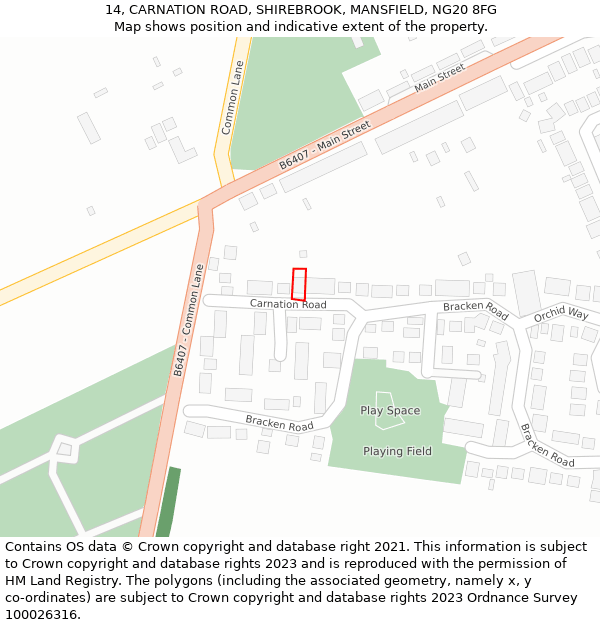 14, CARNATION ROAD, SHIREBROOK, MANSFIELD, NG20 8FG: Location map and indicative extent of plot