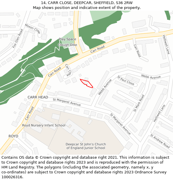 14, CARR CLOSE, DEEPCAR, SHEFFIELD, S36 2RW: Location map and indicative extent of plot