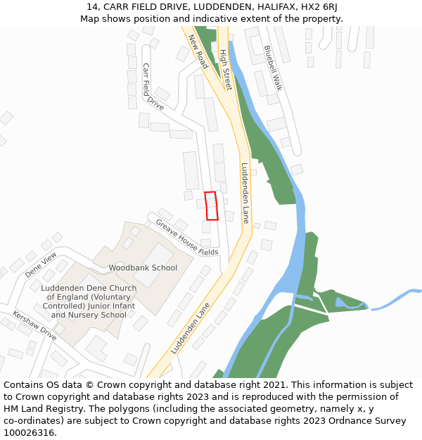 14, CARR FIELD DRIVE, LUDDENDEN, HALIFAX, HX2 6RJ: Location map and indicative extent of plot