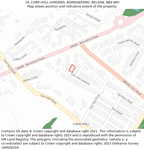 14, CARR HALL GARDENS, BARROWFORD, NELSON, BB9 6PU: Location map and indicative extent of plot