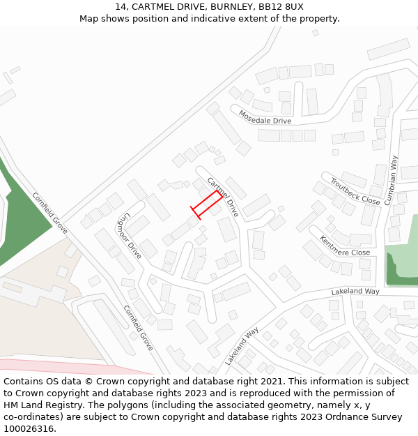 14, CARTMEL DRIVE, BURNLEY, BB12 8UX: Location map and indicative extent of plot