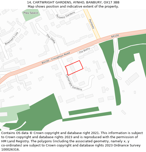 14, CARTWRIGHT GARDENS, AYNHO, BANBURY, OX17 3BB: Location map and indicative extent of plot