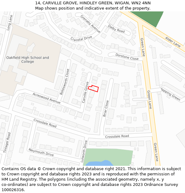 14, CARVILLE GROVE, HINDLEY GREEN, WIGAN, WN2 4NN: Location map and indicative extent of plot