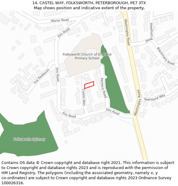 14, CASTEL WAY, FOLKSWORTH, PETERBOROUGH, PE7 3TX: Location map and indicative extent of plot