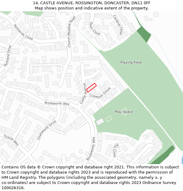 14, CASTLE AVENUE, ROSSINGTON, DONCASTER, DN11 0FF: Location map and indicative extent of plot