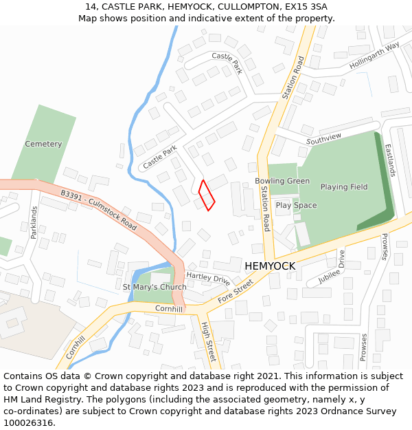 14, CASTLE PARK, HEMYOCK, CULLOMPTON, EX15 3SA: Location map and indicative extent of plot