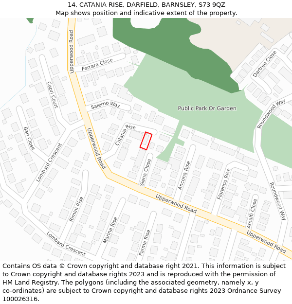 14, CATANIA RISE, DARFIELD, BARNSLEY, S73 9QZ: Location map and indicative extent of plot