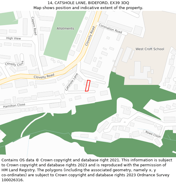 14, CATSHOLE LANE, BIDEFORD, EX39 3DQ: Location map and indicative extent of plot
