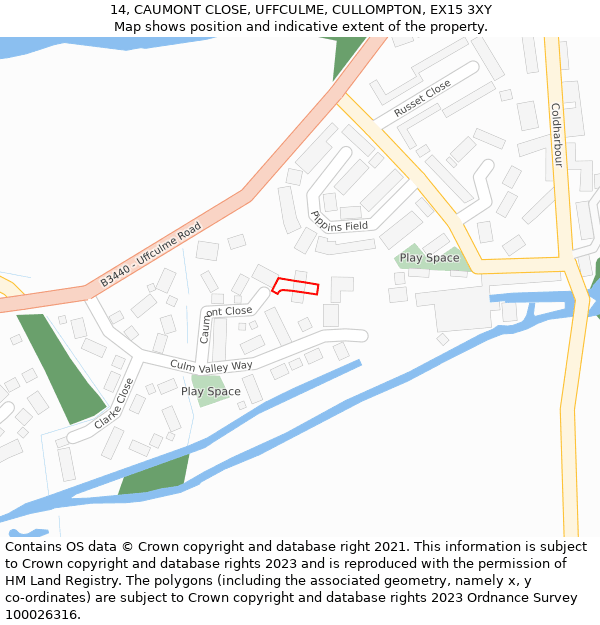 14, CAUMONT CLOSE, UFFCULME, CULLOMPTON, EX15 3XY: Location map and indicative extent of plot