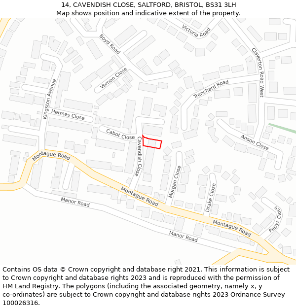 14, CAVENDISH CLOSE, SALTFORD, BRISTOL, BS31 3LH: Location map and indicative extent of plot