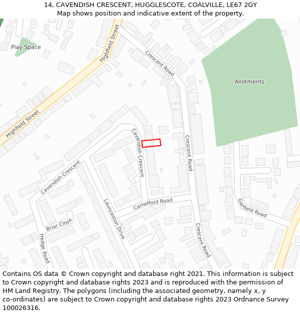 14, CAVENDISH CRESCENT, HUGGLESCOTE, COALVILLE, LE67 2GY: Location map and indicative extent of plot