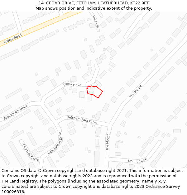 14, CEDAR DRIVE, FETCHAM, LEATHERHEAD, KT22 9ET: Location map and indicative extent of plot