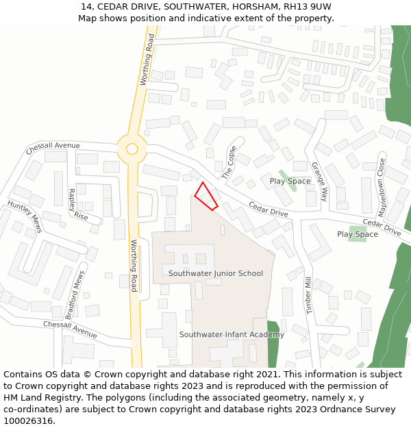 14, CEDAR DRIVE, SOUTHWATER, HORSHAM, RH13 9UW: Location map and indicative extent of plot