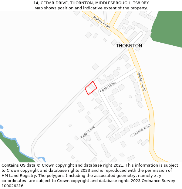 14, CEDAR DRIVE, THORNTON, MIDDLESBROUGH, TS8 9BY: Location map and indicative extent of plot