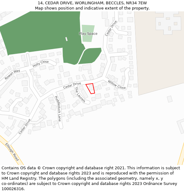 14, CEDAR DRIVE, WORLINGHAM, BECCLES, NR34 7EW: Location map and indicative extent of plot