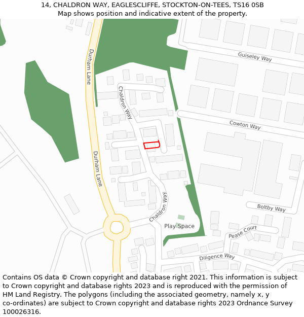 14, CHALDRON WAY, EAGLESCLIFFE, STOCKTON-ON-TEES, TS16 0SB: Location map and indicative extent of plot