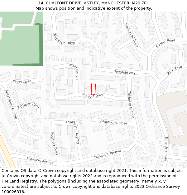 14, CHALFONT DRIVE, ASTLEY, MANCHESTER, M29 7PU: Location map and indicative extent of plot