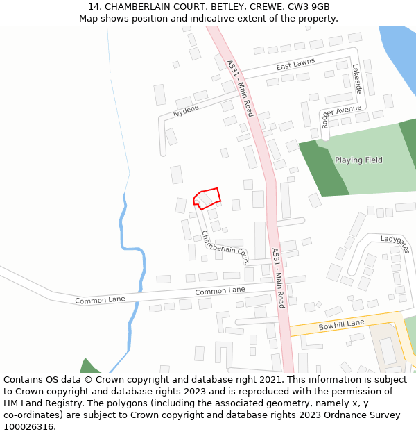 14, CHAMBERLAIN COURT, BETLEY, CREWE, CW3 9GB: Location map and indicative extent of plot