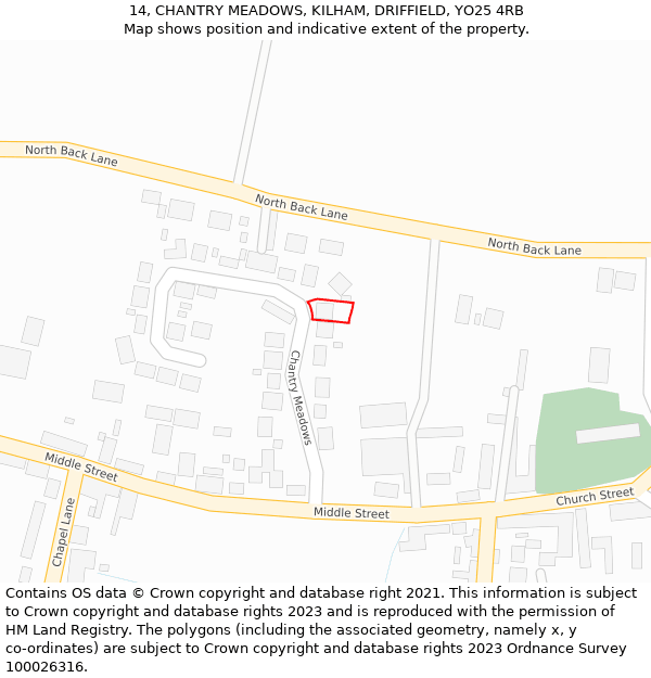 14, CHANTRY MEADOWS, KILHAM, DRIFFIELD, YO25 4RB: Location map and indicative extent of plot