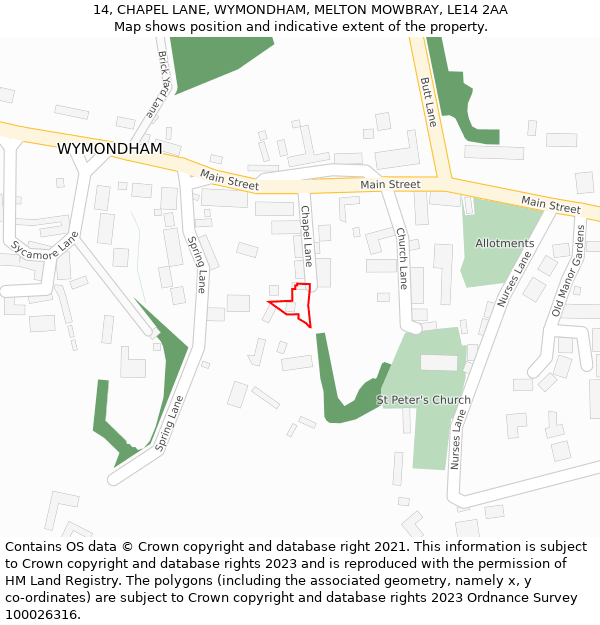 14, CHAPEL LANE, WYMONDHAM, MELTON MOWBRAY, LE14 2AA: Location map and indicative extent of plot