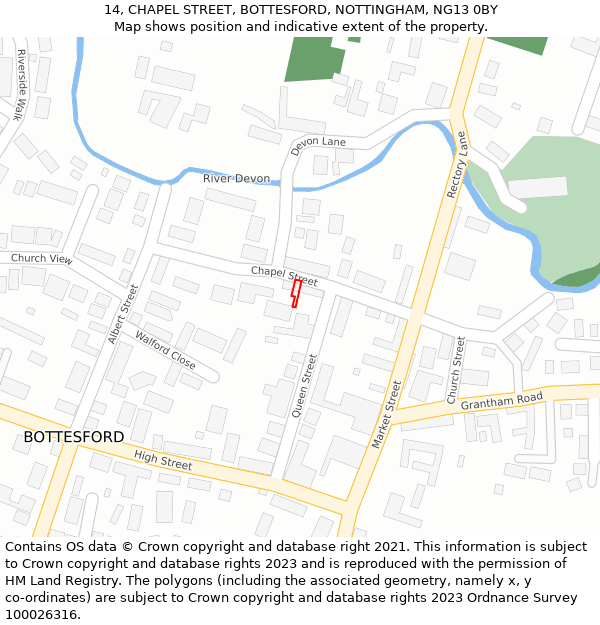 14, CHAPEL STREET, BOTTESFORD, NOTTINGHAM, NG13 0BY: Location map and indicative extent of plot