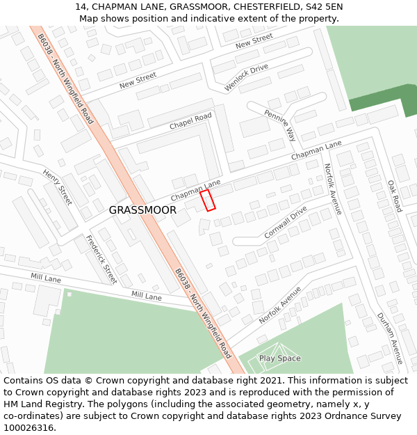 14, CHAPMAN LANE, GRASSMOOR, CHESTERFIELD, S42 5EN: Location map and indicative extent of plot