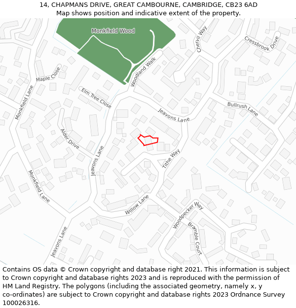 14, CHAPMANS DRIVE, GREAT CAMBOURNE, CAMBRIDGE, CB23 6AD: Location map and indicative extent of plot