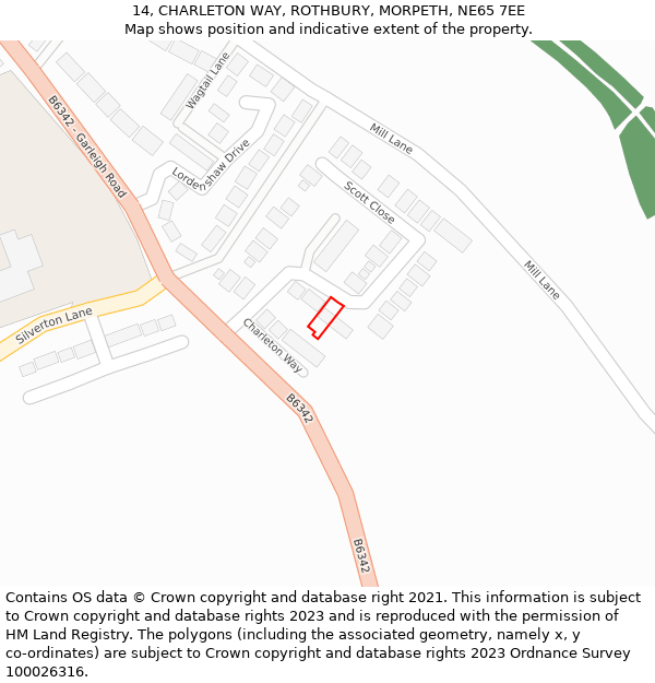 14, CHARLETON WAY, ROTHBURY, MORPETH, NE65 7EE: Location map and indicative extent of plot