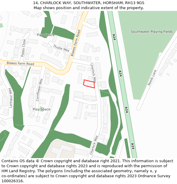 14, CHARLOCK WAY, SOUTHWATER, HORSHAM, RH13 9GS: Location map and indicative extent of plot