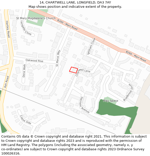 14, CHARTWELL LANE, LONGFIELD, DA3 7AY: Location map and indicative extent of plot