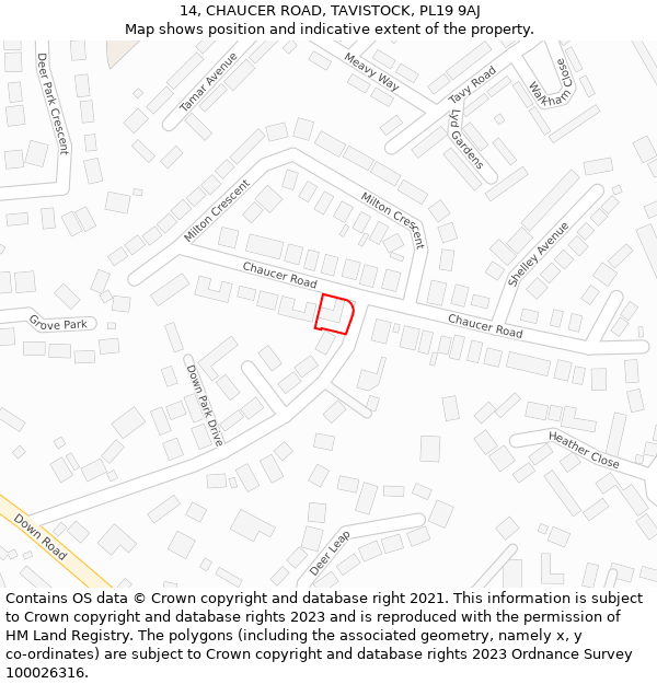 14, CHAUCER ROAD, TAVISTOCK, PL19 9AJ: Location map and indicative extent of plot