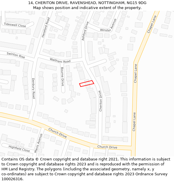 14, CHERITON DRIVE, RAVENSHEAD, NOTTINGHAM, NG15 9DG: Location map and indicative extent of plot