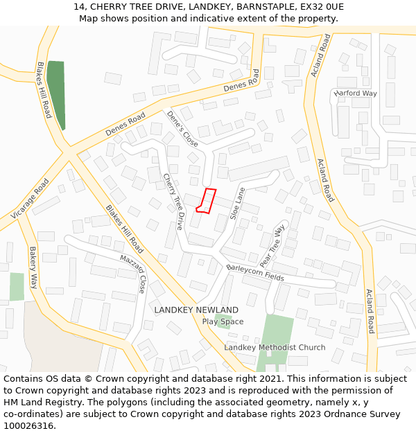 14, CHERRY TREE DRIVE, LANDKEY, BARNSTAPLE, EX32 0UE: Location map and indicative extent of plot